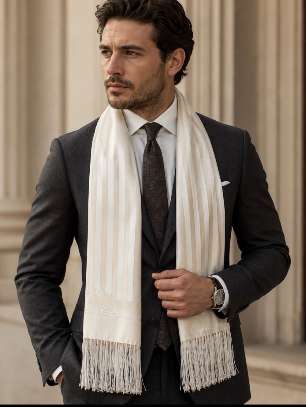 Rinaldo Carelli pure silk (Made In Italy)Cream Fringe Scarf for Men